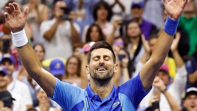 Novak Djokovic reacts after winning the US Open men's singles final match. (AFP) Novak Djokovic reacts after winning the US Open men's singles final match. (AFP)