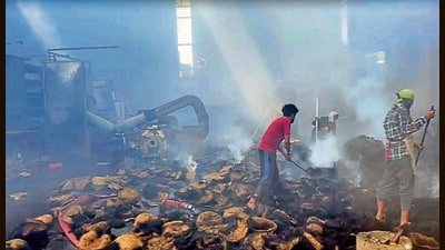 The damaged goods on the factory premises located in the Bhagwanpura area . (ht photo)