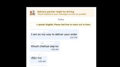 Screenshot of the conversation between the customer and the delivery agent. (Twitter/@SakshiJain) Screenshot of the conversation between the customer and the delivery agent. (Twitter/@SakshiJain)