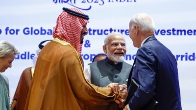 US President Joe Biden, Saudi Arabian PM and Crown Prince Mohammed bin Salman and PM Narendra Modi seen during the launch of the India-Middle East-Europe economic corridor. The first-of-its-kind economic corridor will be a historic initiative on cooperation on connectivity and infrastructure involving India, UAE, Saudi Arabia, EU, France, Italy, Germany, and the US. (AP) US President Joe Biden, Saudi Arabian PM and Crown Prince Mohammed bin Salman and PM Narendra Modi seen during the launch of the India-Middle East-Europe economic corridor. The first-of-its-kind economic corridor will be a historic initiative on cooperation on connectivity and infrastructure involving India, UAE, Saudi Arabia, EU, France, Italy, Germany, and the US. (AP)