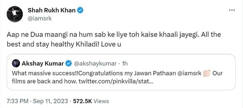 Shah Rukh Khan sends love for Akshay Kumar. Shah Rukh Khan sends love for Akshay Kumar.
