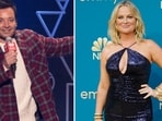 A heated backstage conversation between Amy Poehler and Jimmy Fallon has gone viral days after Jimmy was accused of creating a toxic work environment for his employees (Photo by Yuki IWAMURA / AFP, AP Photo/Jae C. Hong, File)