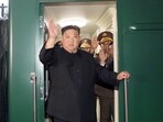 North Korean leader Kim Jong Un waves from a private train as he departs Pyongyang, North Korea, to visit Russia. (Reuters)