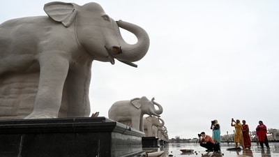 The damaged elephant is a part of an elephant gallery within Ambedkar Park, a construction initiated by Mayawati during her tenure as the Chief Minister of Uttar Pradesh in 2002.&nbsp; (HT Photo/Deepak Gupta)