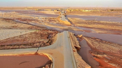 A general view of flood water covering the area as a powerful storm and heavy rainfall hit Al-Mukhaili, Libya, on September 11. (Libya Al-Hadath/ Handout via Reuters) A general view of flood water covering the area as a powerful storm and heavy rainfall hit Al-Mukhaili, Libya, on September 11. (Libya Al-Hadath/ Handout via Reuters)