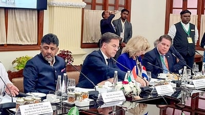 Netherlands PM Mark Rutte with Karnataka DCM DK Shivakumar and others during the CEO Round Table Meeting at Vidhana Soudha in Bengaluru on Monday. (ANI Photo) (Arun Kumar Rao) Netherlands PM Mark Rutte with Karnataka DCM DK Shivakumar and others during the CEO Round Table Meeting at Vidhana Soudha in Bengaluru on Monday. (ANI Photo) (Arun Kumar Rao)