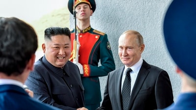 Russian President Vladimir Putin, center right, and North Korea's leader Kim Jong Un shake hands during a meeting in Vladivostok, Russia. (AP File) Russian President Vladimir Putin, center right, and North Korea's leader Kim Jong Un shake hands during a meeting in Vladivostok, Russia. (AP File)