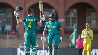 South Africa's Aiden Markram (L) celebrates after scoring a century (AFP) South Africa's Aiden Markram (L) celebrates after scoring a century (AFP)