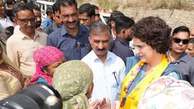 Congress leader Priyanka Gandhi Vadra and chief minister Sukhvinder Singh Sukhu interacting with residents and reviewing the restoration works undertaken by the state government after the recent floods in Kullu, on Tuesday. (Aqil Khan/HT)