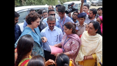 Congress leader Priyanka Gandhi with Himachal Pradesh chief minister Sukhvinder Singh Sukhu during visit to a flood-hit area in Mandi district on Tuesday. (Birbal Sharma/HT) Congress leader Priyanka Gandhi with Himachal Pradesh chief minister Sukhvinder Singh Sukhu during visit to a flood-hit area in Mandi district on Tuesday. (Birbal Sharma/HT)