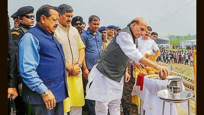 Defence minister Rajnath Singh inaugurates Devak Bridge, constructed by Border Roads Organisation in Jammu on Tuesday. (PTI)