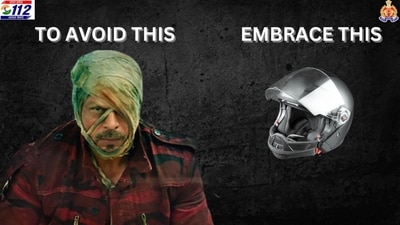 UP Police shared this post featuring Shah Rukh Khan’s character from Jawan to spread awareness about wearing a helmet while riding a two-wheeler. (X/@Uppolice) UP Police shared this post featuring Shah Rukh Khan’s character from Jawan to spread awareness about wearing a helmet while riding a two-wheeler. (X/@Uppolice)