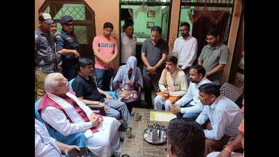 Haryana CM Manohar Lal Khattar on Tuesday reached Panipat to meet the family members of Abhishek, who was killed in the communal violence in Nuh on July 31. (HT Photo)