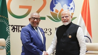 Indian Prime Minister Narendra Modi with President of the Union of the Comoros and chairperson of the African Union (AU) Azali Assoumani during a bilateral meeting on the sidelines of the G20 Summit 2023, in New Delhi, India, on Sunday (HT Photo) Indian Prime Minister Narendra Modi with President of the Union of the Comoros and chairperson of the African Union (AU) Azali Assoumani during a bilateral meeting on the sidelines of the G20 Summit 2023, in New Delhi, India, on Sunday (HT Photo)