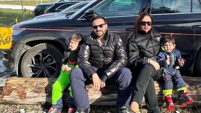 Saif Ali Khan and Kareena Kapoor pose with sons Taimur Ali Khan and Jehangir Ali Khan.