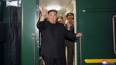 North Korea leader Kim Jong Un waves from a train in Pyongyang as he leaves for Russia. (AP) North Korea leader Kim Jong Un waves from a train in Pyongyang as he leaves for Russia. (AP)