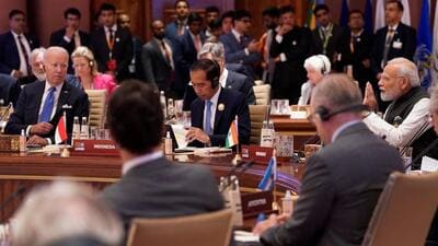 Prime Minister Narendra Modi speaks as US President Joe Biden with other leaders listen during the first session of the G20 Summit, in New Delhi on Sept. 9 (via REUTERS) Prime Minister Narendra Modi speaks as US President Joe Biden with other leaders listen during the first session of the G20 Summit, in New Delhi on Sept. 9 (via REUTERS)