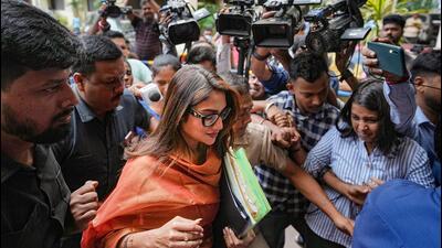 TMC MP Nusrat Jahan arrives at the Enforcement Directorate office in Kolkata on Tuesday. (PTI) TMC MP Nusrat Jahan arrives at the Enforcement Directorate office in Kolkata on Tuesday. (PTI)