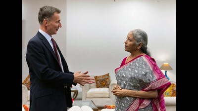 Union Finance Minister Nirmala Sitharaman meets United Kingdom Chancellor of the Exchequer Jeremy Hunt, in New Delhi. (Jeremy Hunt Twitter) Union Finance Minister Nirmala Sitharaman meets United Kingdom Chancellor of the Exchequer Jeremy Hunt, in New Delhi. (Jeremy Hunt Twitter)