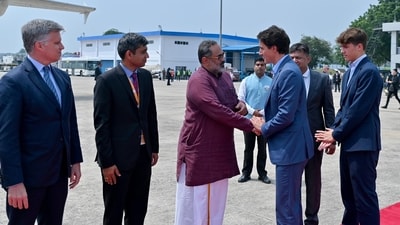 Union minister Rajeev Chandrasekhar with Canadian PM Justin Trudeau at the Delhi airport. Union minister Rajeev Chandrasekhar with Canadian PM Justin Trudeau at the Delhi airport.