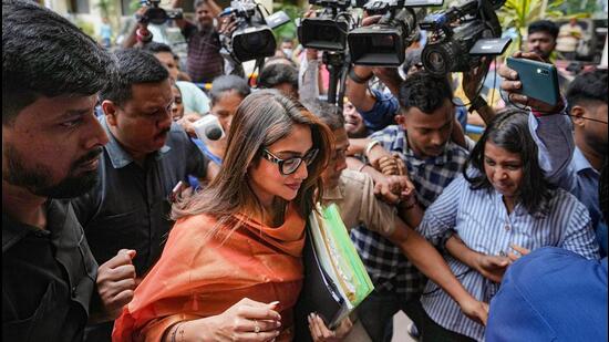 TMC MP Nusrat Jahan arrives at the Enforcement Directorate office in Kolkata on Tuesday. (PTI)