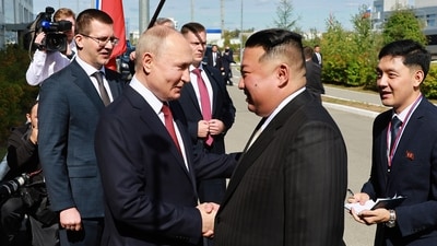 Russian President Vladimir Putin, left, and North Korea's leader Kim Jong Un shake hands during their meeting at the Vostochny cosmodrome outside the city of Tsiolkovsky. (AP)