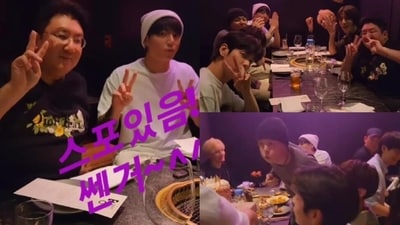 Bang Si-Hyuk, Jungkook, and TXT's Soobin, Beomgyu, Taehyun, Huening Kai celebrate Yeonjun's birthday. Bang Si-Hyuk, Jungkook, and TXT's Soobin, Beomgyu, Taehyun, Huening Kai celebrate Yeonjun's birthday.