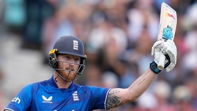 Ben Stokes celebrates scoring a century (100 runs) during the One Day International cricket match between England and New Zealand (AP)