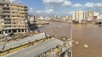 Floodwaters from Mediterranean storm Daniel are visible on Tuesday. Scientists say the Mediterranean storm that dumped torrential rain on the Libyan coast is just the latest extreme weather event to carry some hallmarks of climate crisis. (AP) Floodwaters from Mediterranean storm Daniel are visible on Tuesday. Scientists say the Mediterranean storm that dumped torrential rain on the Libyan coast is just the latest extreme weather event to carry some hallmarks of climate crisis. (AP)