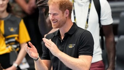 Britain's Prince Harry, the Duke of Sussex, reacts on court during the Invictus Games in Duesseldorf, Germany. (AP) Britain's Prince Harry, the Duke of Sussex, reacts on court during the Invictus Games in Duesseldorf, Germany. (AP)