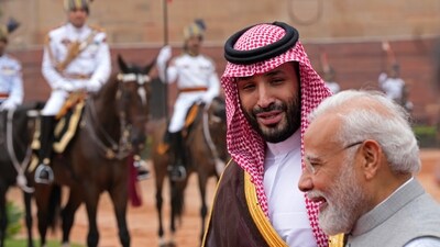Crown Prince Mohammed bin Salman of Saudi Arabia speaks to Prime Minister Narendra Modi upon his arrival for a ceremonial reception at the presidential palace in New Delhi on Monday, (AP) Crown Prince Mohammed bin Salman of Saudi Arabia speaks to Prime Minister Narendra Modi upon his arrival for a ceremonial reception at the presidential palace in New Delhi on Monday, (AP)