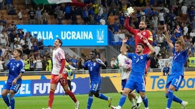 Italy's players celebrate at the end of the Euro 2024 group C qualifying soccer match against Ukraine (AP) Italy's players celebrate at the end of the Euro 2024 group C qualifying soccer match against Ukraine (AP)