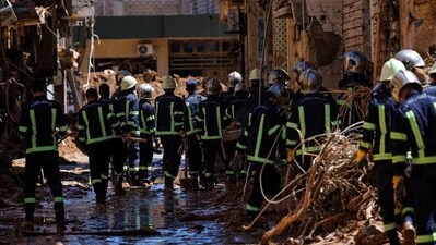 Members of the rescue team from the Egyptian army inspect the damaged areas, following a powerful storm and heavy rainfall hitting the country, in Derna. (Reuters)