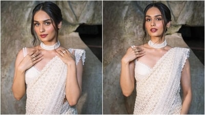 Manushi Chhillar stuns in a Chikankari saree and bralette blouse styled with pearl jewellery. (Instagram) Manushi Chhillar stuns in a Chikankari saree and bralette blouse styled with pearl jewellery. (Instagram)