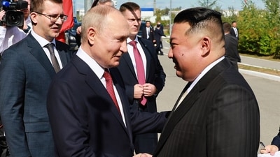 Russian President Vladimir Putin, left, and North Korea's leader Kim Jong Un shake hands during their meeting at the Vostochny cosmodrome outside the city of Tsiolkovsky, about 200 kilometers (125 miles) from the city of Blagoveshchensk in the far eastern Amur region, Russia, on Wednesday, Sept. 13. (AP) Russian President Vladimir Putin, left, and North Korea's leader Kim Jong Un shake hands during their meeting at the Vostochny cosmodrome outside the city of Tsiolkovsky, about 200 kilometers (125 miles) from the city of Blagoveshchensk in the far eastern Amur region, Russia, on Wednesday, Sept. 13. (AP)