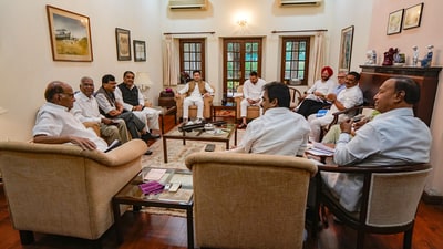NCP chief Sharad Pawar, Congress leader KC Venugopal, AAP leader Raghav Chadha, Bihar Deputy CM Tejashwi Yadav, and other opposition leaders during the Coordination Committee meeting of Indian National Developmental Inclusive Alliance (INDIA). (PTI) NCP chief Sharad Pawar, Congress leader KC Venugopal, AAP leader Raghav Chadha, Bihar Deputy CM Tejashwi Yadav, and other opposition leaders during the Coordination Committee meeting of Indian National Developmental Inclusive Alliance (INDIA). (PTI)