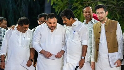 Bihar Deputy CM Tejashwi Yadav, Congress leader KC Venugopal, AAP leader Raghav Chadha (PTI) Bihar Deputy CM Tejashwi Yadav, Congress leader KC Venugopal, AAP leader Raghav Chadha (PTI)