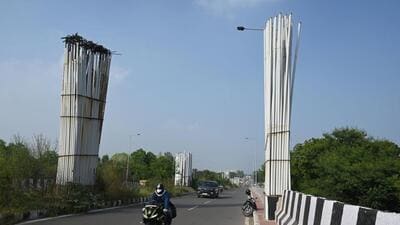 RRTS pillars on the old Delhi-Gurugram road near Atul Kataria Chowk on Wednesday. (Parveen Kumar/HT Photo) RRTS pillars on the old Delhi-Gurugram road near Atul Kataria Chowk on Wednesday. (Parveen Kumar/HT Photo)