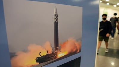 Japan's Coast Guard, citing Tokyo's Defense Ministry, said the missile likely has landed but still urged vessels around the Japanese coasts to watch out for falling objects. (AP)