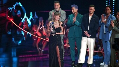 Singer-songwriter Taylor Swift won big at the 2023 VMAs. She accepts the award for Best Pop Video, presented by (from left) Joey Fatone, Lance Bass, Justin Timberlake, JC Chasez and Chris Kirkpatrick, onstage during the MTV Video Music Awards. (AFP) 