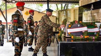 Tributes being paid to rifleman Ravi Kumar, who laid down his life in the line of duty during an encounter with terrorists in the Rajouri district of Jammu and Kashmir on Tuesday. (PTI Photo)
