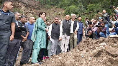 AICC general secretary Priyanka Gandhi meets the disaster effected families at Summerhill temple. (HT Photo)