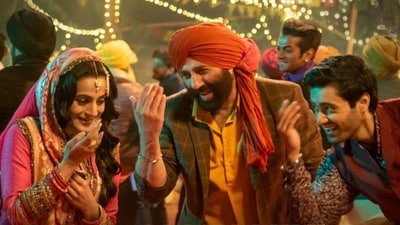 Ameesha Patel, Sunny Deol and Utkarsh Sharma in a still from Gadar 2. Ameesha Patel, Sunny Deol and Utkarsh Sharma in a still from Gadar 2.