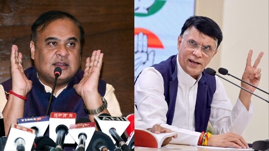 Assam CM Himanta Biswa Sarma (L) and Congress leader Pawan Khera. (ANI)