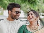 Meera Nandan with Sreeju at their engagement ceremony.