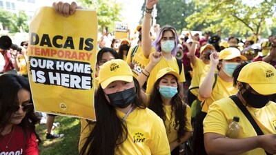 FILE - Susana Lujano, left, a dreamer from Mexico who lives in Houston, joins other activists to rally in support of the Deferred Action for Childhood Arrivals program, also known as DACA, at the Capitol in Washington, Wednesday, June 15, 2022. A federal judge on Wednesday, Sept. 13, 2023, declared illegal a revised version of a federal policy that prevents the deportation of hundreds of thousands of immigrants brought to the U.S. as children. (AP Photo/J. Scott Applewhite, File) (AP) FILE - Susana Lujano, left, a dreamer from Mexico who lives in Houston, joins other activists to rally in support of the Deferred Action for Childhood Arrivals program, also known as DACA, at the Capitol in Washington, Wednesday, June 15, 2022. A federal judge on Wednesday, Sept. 13, 2023, declared illegal a revised version of a federal policy that prevents the deportation of hundreds of thousands of immigrants brought to the U.S. as children. (AP Photo/J. Scott Applewhite, File) (AP)