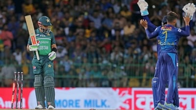 Pakistan's Babar Azam looks on after being dismissed as Sri Lanka's wicketkeeper Kusal Mendis and Dunith Wellalage celebrate during their Super Fours match of the Asia Cup 2023 (ANI) Pakistan's Babar Azam looks on after being dismissed as Sri Lanka's wicketkeeper Kusal Mendis and Dunith Wellalage celebrate during their Super Fours match of the Asia Cup 2023 (ANI)