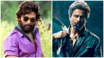 Allu Arjun in a still from Pushpa: The Rise (left); Shah Rukh Khan in Jawan. Allu Arjun in a still from Pushpa: The Rise (left); Shah Rukh Khan in Jawan.