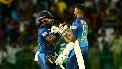 Sri Lanka's Charith Asalanka (L) and Sri Lanka's Matheesha Pathirana celebrate after Sri Lanka's victory by 2 wickets after the Asia Cup 2023 game vs Pakistan (AFP) Sri Lanka's Charith Asalanka (L) and Sri Lanka's Matheesha Pathirana celebrate after Sri Lanka's victory by 2 wickets after the Asia Cup 2023 game vs Pakistan (AFP)