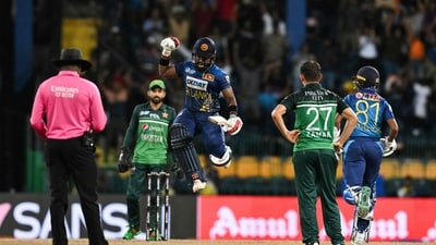 Charith Asalanka finished off an epic chase for Sri Lanka that was powered by Kusal Mendis's 91 and they qualified for the Asia Cup final a second consecutive year. The defending champions will face India in the final on Sunday. (AFP) Charith Asalanka finished off an epic chase for Sri Lanka that was powered by Kusal Mendis's 91 and they qualified for the Asia Cup final a second consecutive year. The defending champions will face India in the final on Sunday. (AFP)